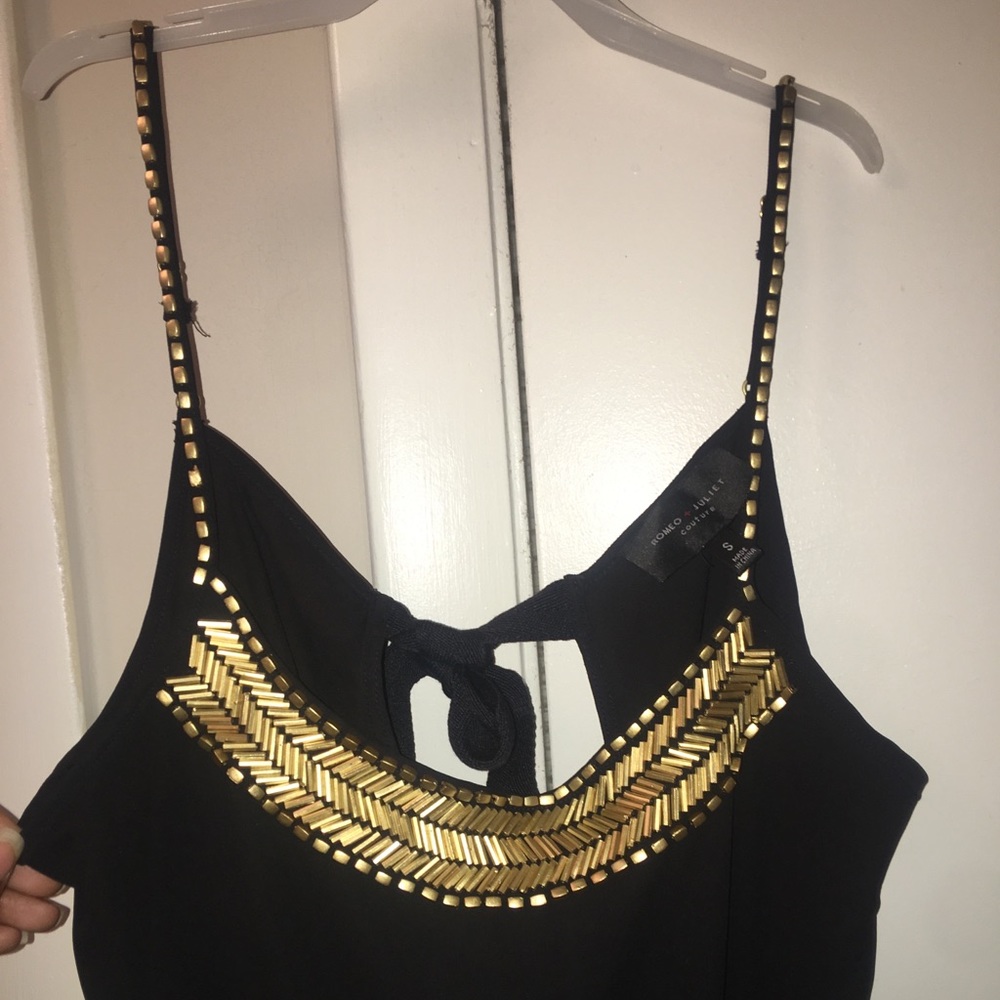 black & gold tie back romper with pockets